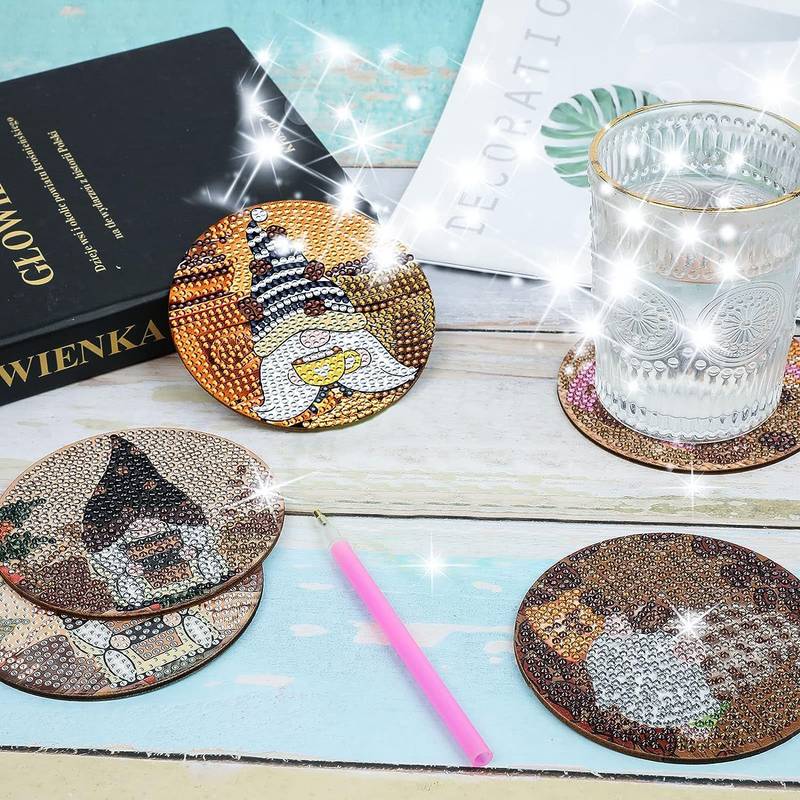 XEFINAL 8 Pcs Coffee Gnomes Diamond Paintings Coasters, Diamond Art Coasters with Iron Holder, DIY Gnome Diamond Painting COA
